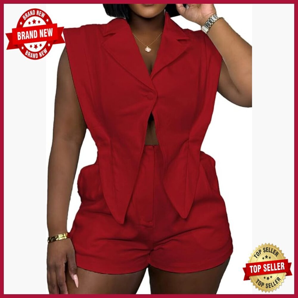 Sleeveless Romper Jumpsuit Elastic Waist Pockets Mini Shorts Polyester Blend